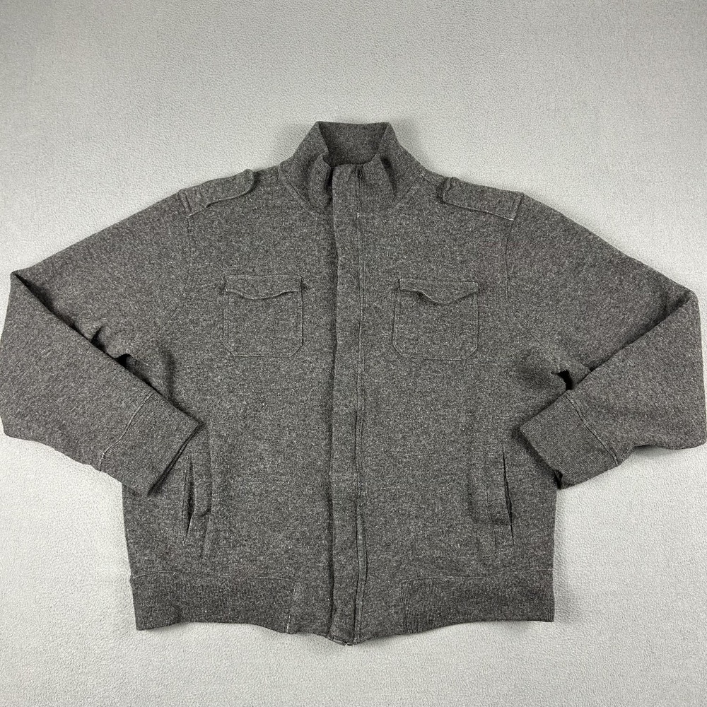 Banana Republic Sweater Mens XL Gray Wool Blend Full Zip Mock Neck Epaulets‎